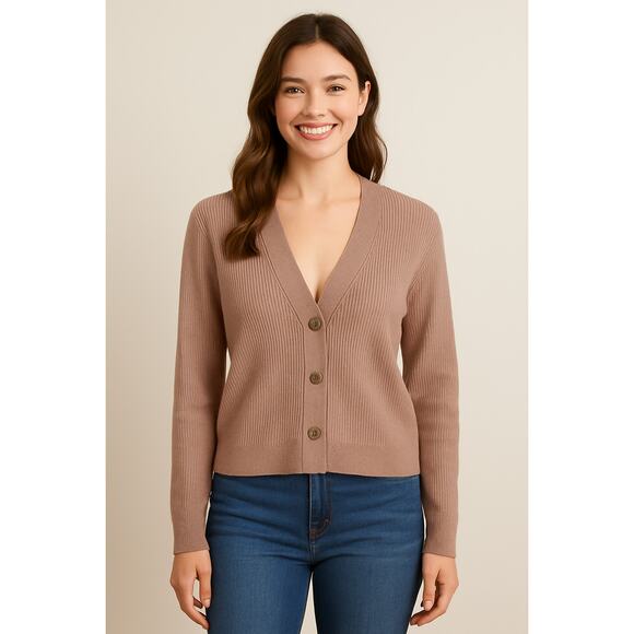 Uniqlo Brown Ribbed Cardigan Sweater Large Button Front V-Neck Rayon Blend - Picture 1 of 12